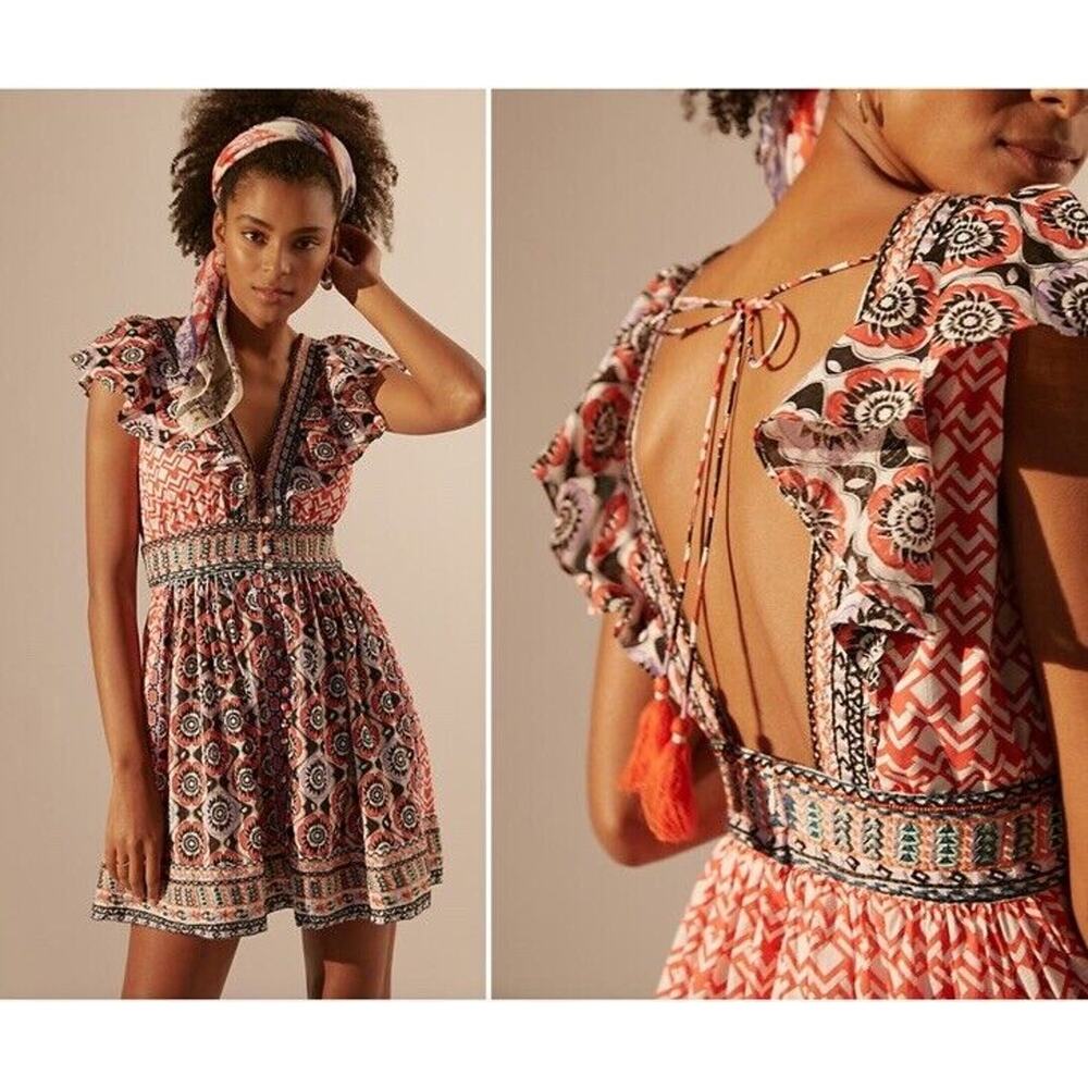 Anthropologie Beaded & Embroidered Flutter Sleeve Mini Dress Size 2